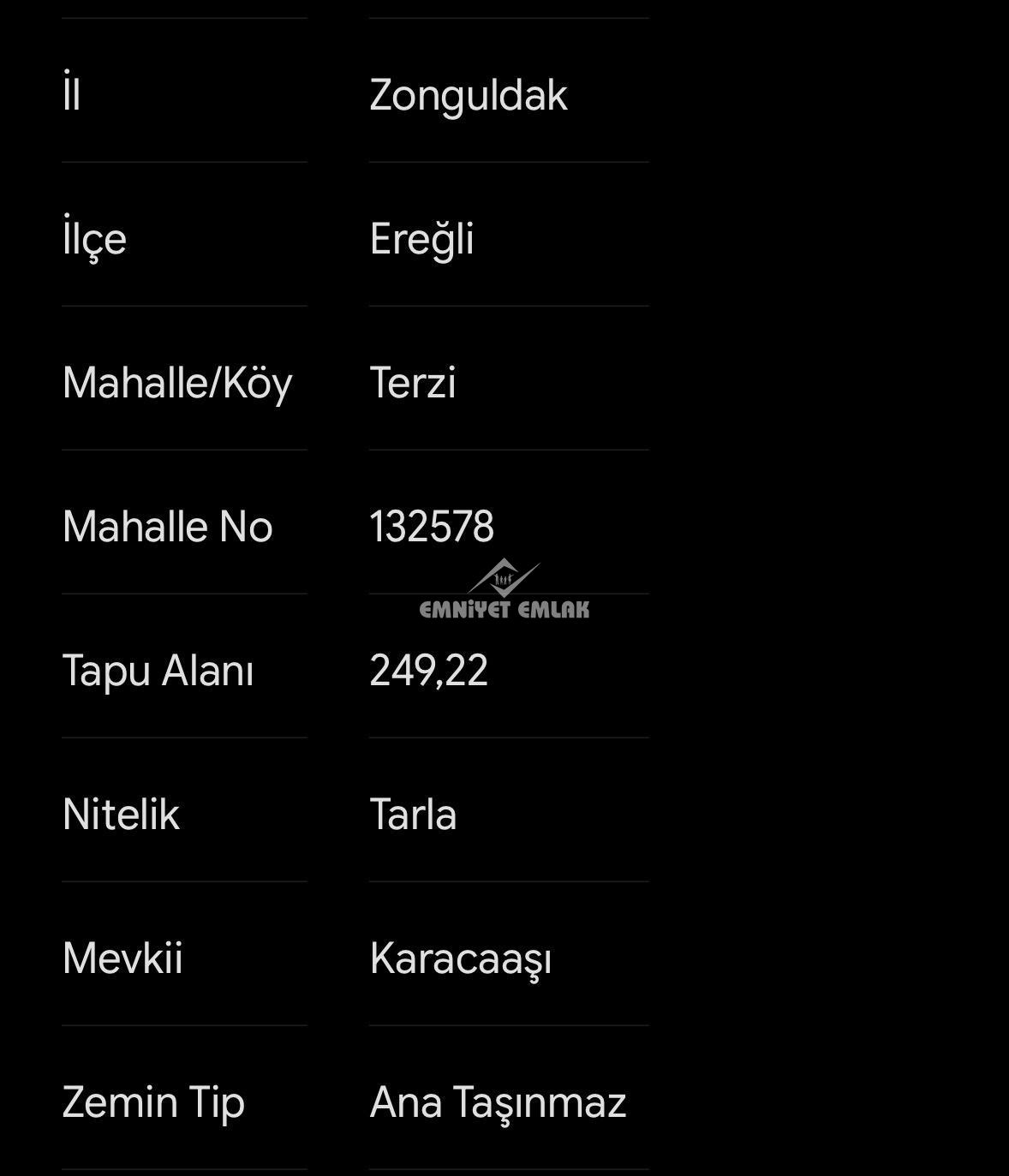 KDZ EREĞLİ TERZİ KÖYÜ MEVKİ 249 M2 SATILIK Tarla