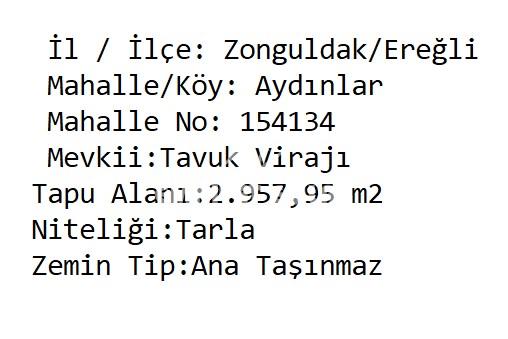 Kdz Ereğli Aydınlar Köyü 2.957 m2 Satılık Tarsa/Arsa