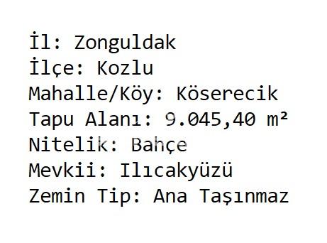 Zonguldak Kozlu Köserecik Köyü 9.045 m2 Satılık Arsa